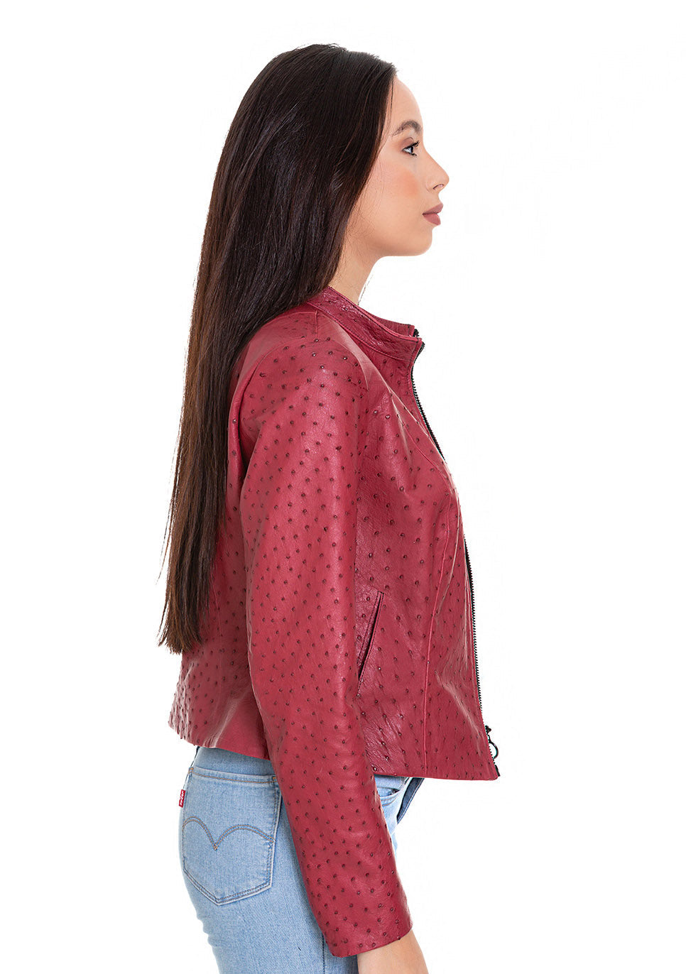 The Comly Burgundy Ostrich Leather Women Jacket