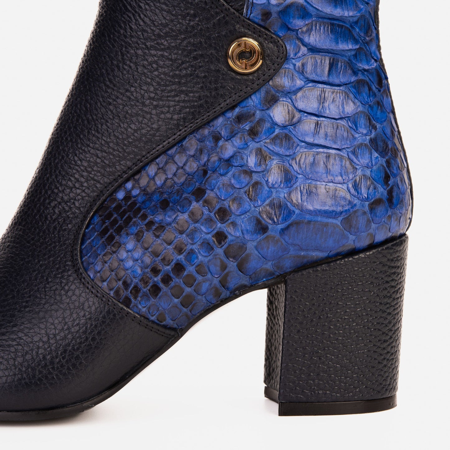 The Saturn Sax Blue Pythn Leather Block Heel Women Boot