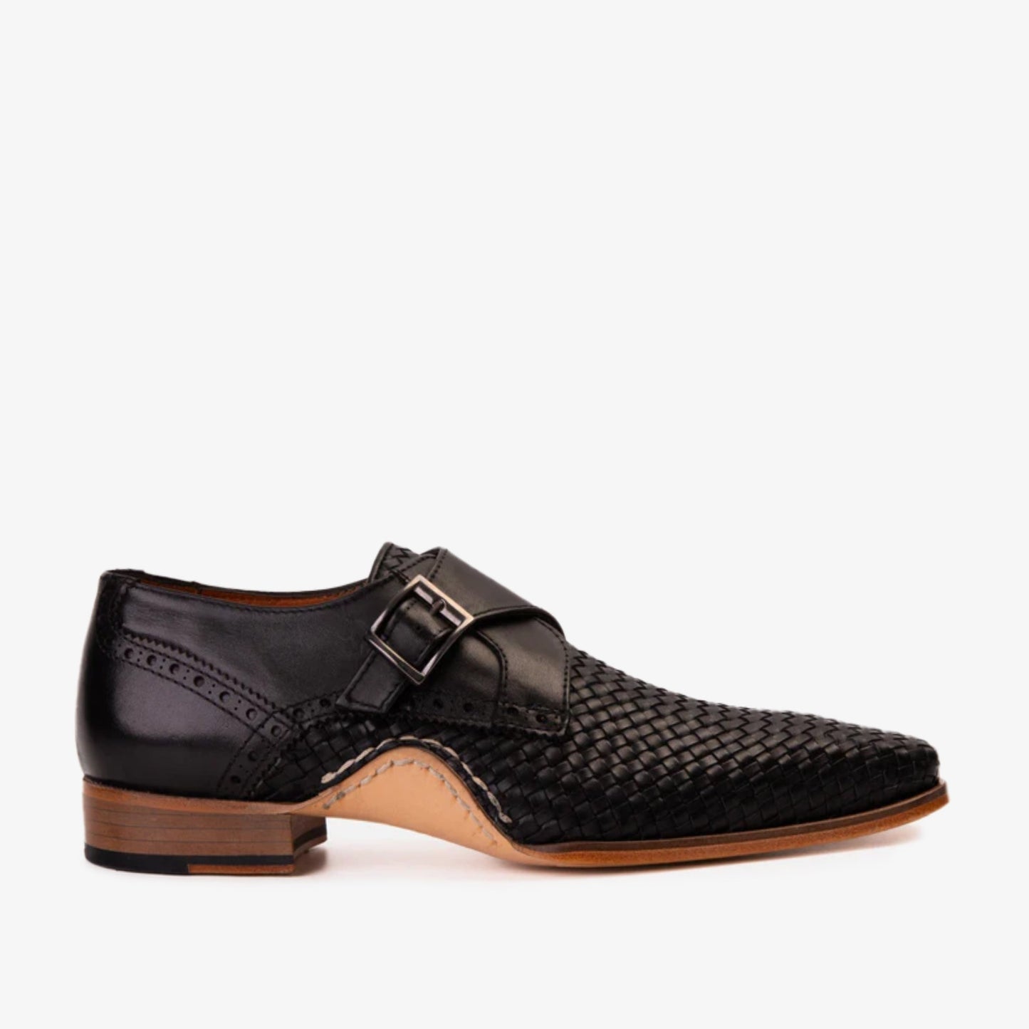 The Rolls Woven Black Leather Single Monk Strap Handmade Men Shoe