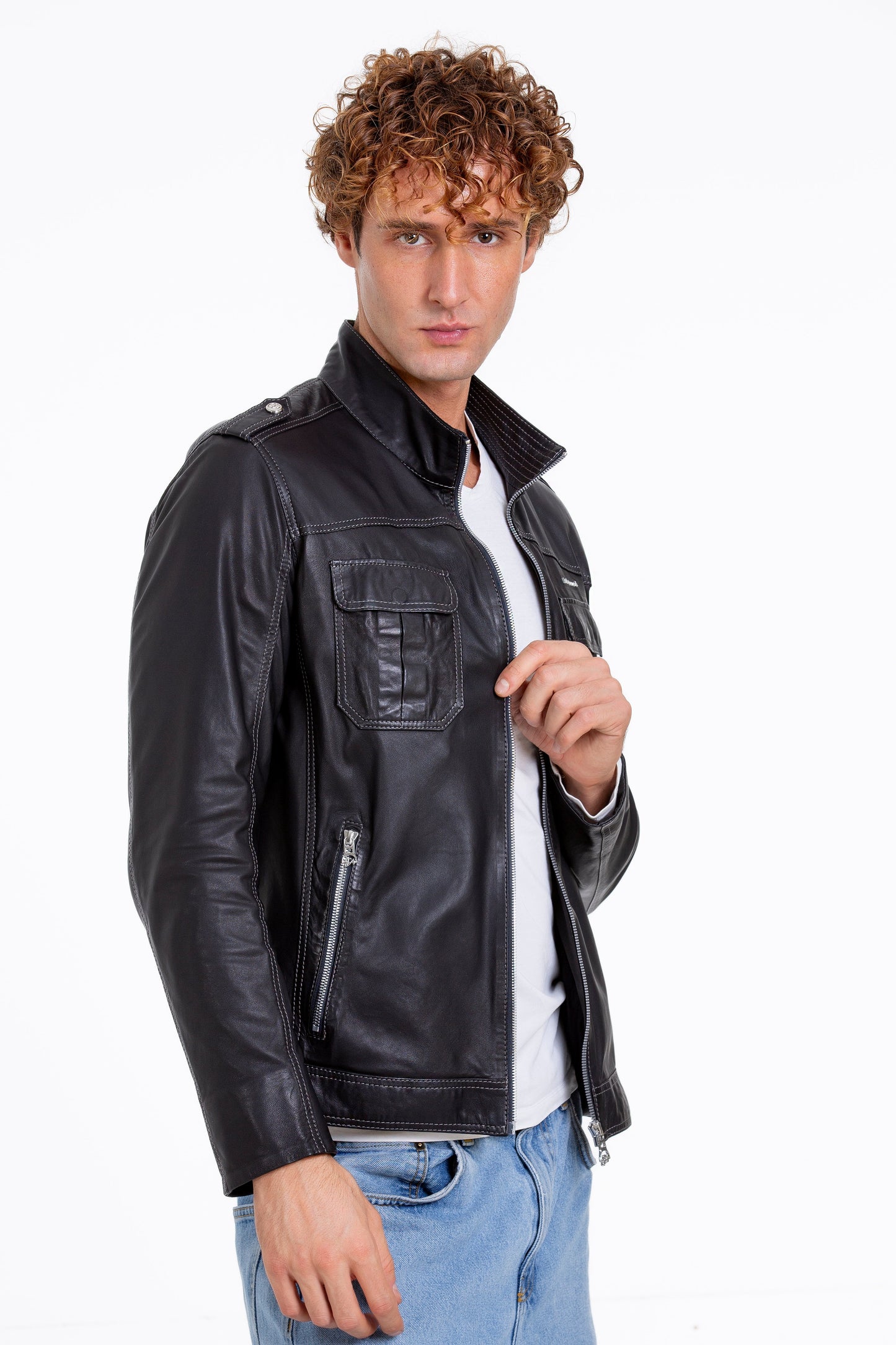 The Mausollos Navy Blue Leather Men Jacket