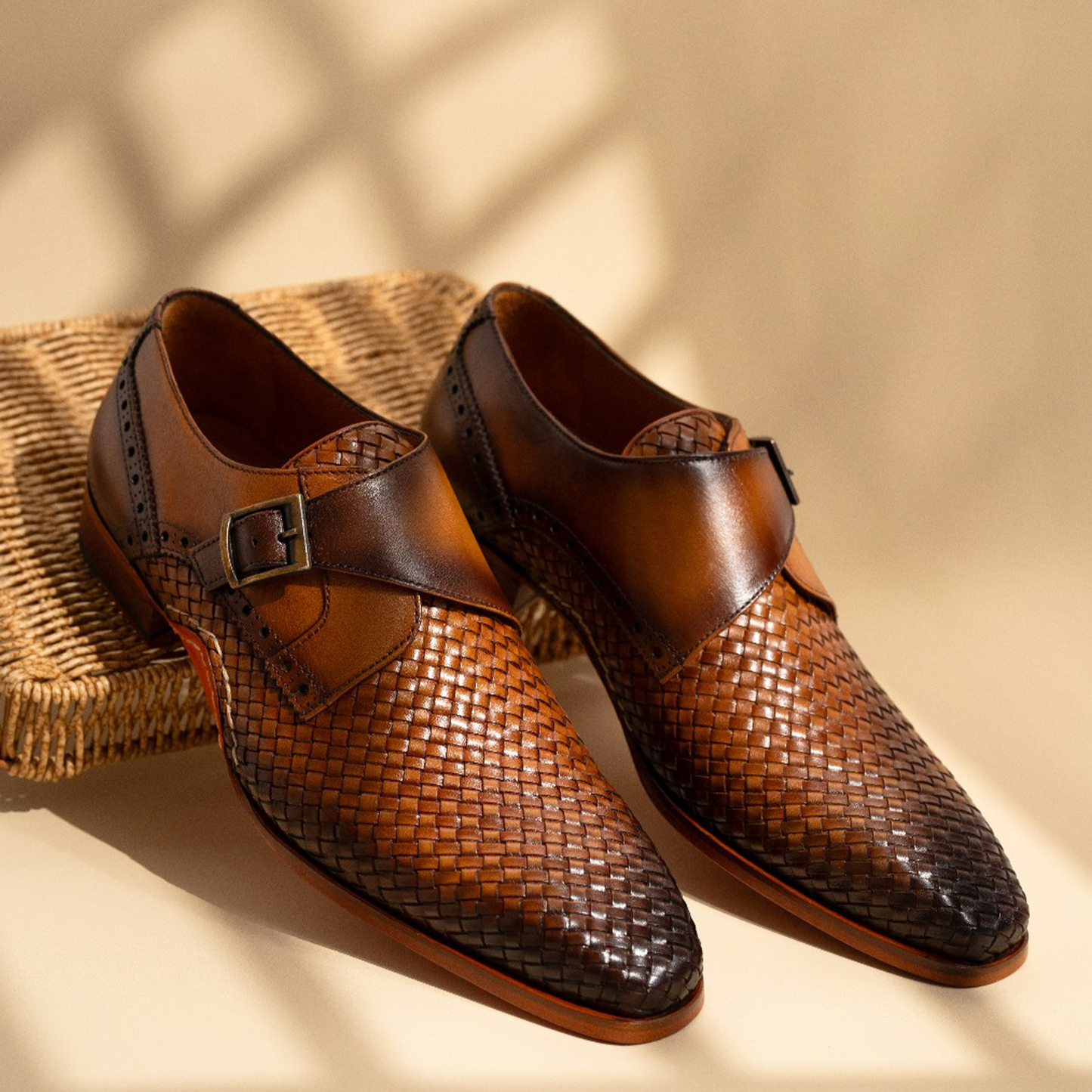 The Rolls Woven Tan Leather Single Monk Strap Handmade Men Shoe