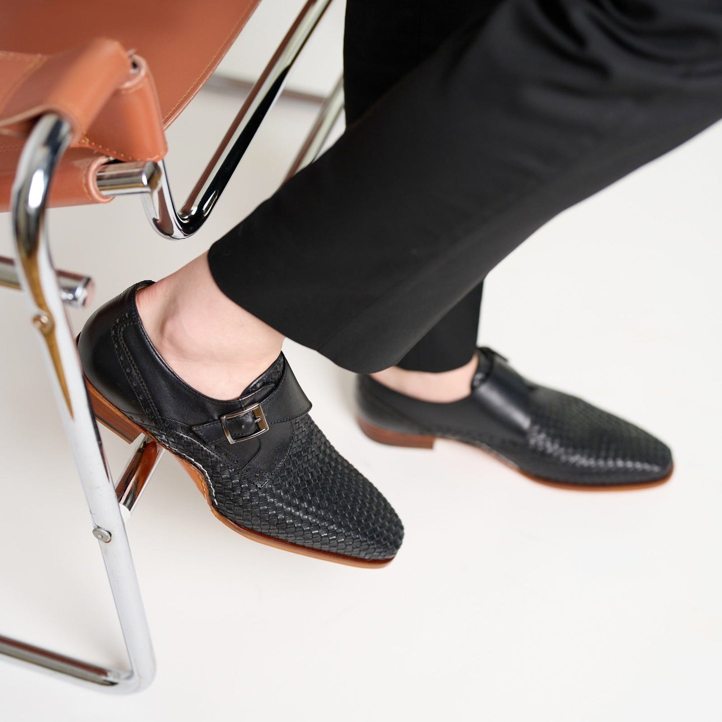 The Rolls Woven Black Leather Single Monk Strap Handmade Men Shoe