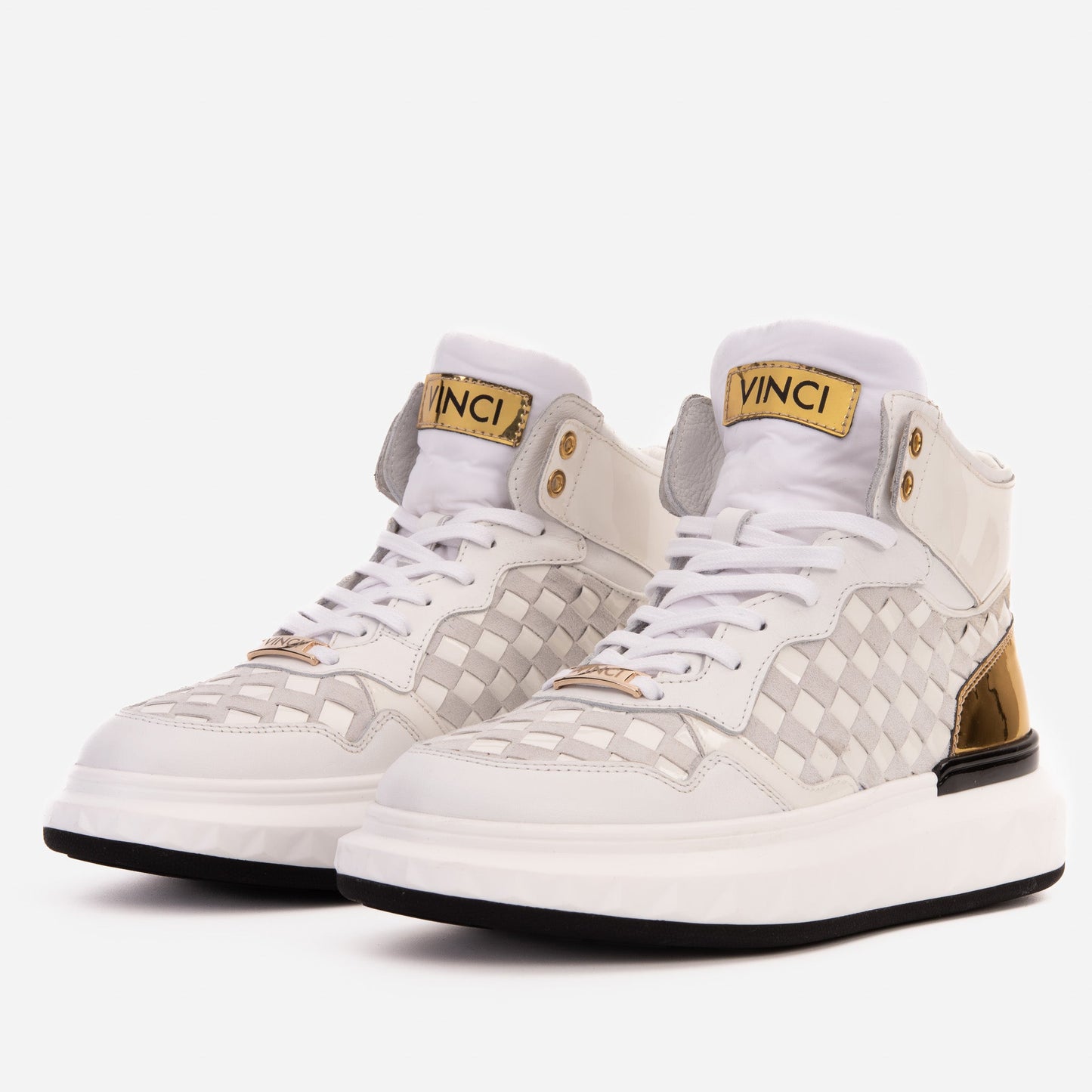 The Eugene White & Gold Woven Leather High-Top Men Sneaker