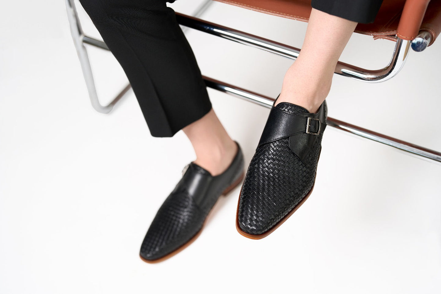 The Rolls  Woven Black Leather Single Monk Strap  Handmade Men Shoe